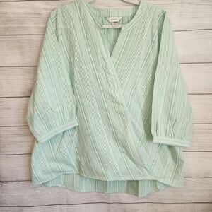 CJ Banks 1X NWT green white v-neck 100% cotton 3/4 sleeve tunic blouse